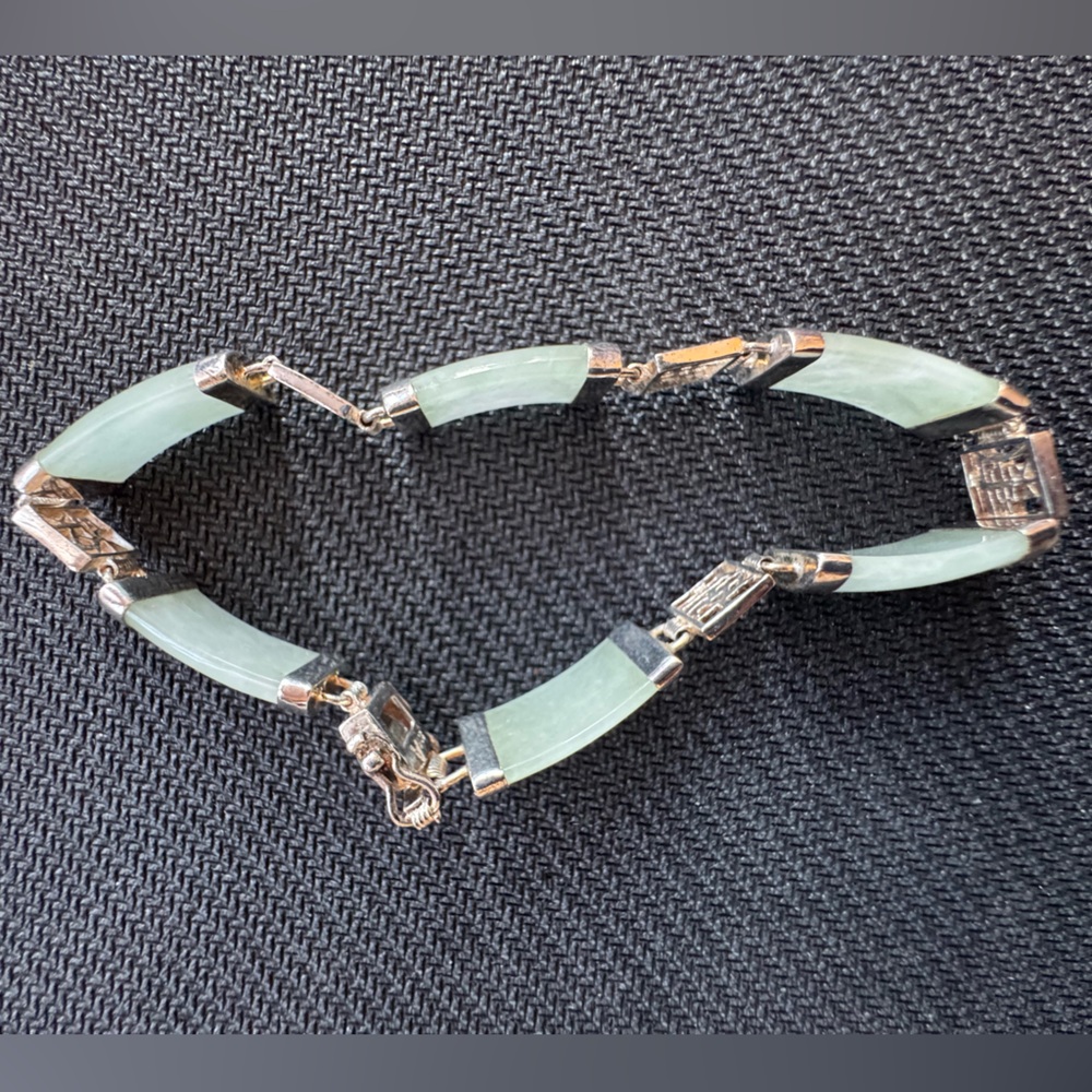 Vintage Natural Jade & Sterling Silver 925 Link Bracelet Asian Style
